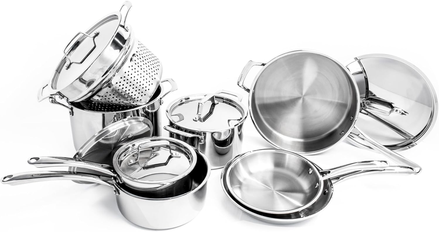 BergHOFF Professional Tri-ply Stainless Steel Cookware Set - 13Pc with Matching Lid, Safe Grip Handle, Induction Cooktop, Measurement Markings, Fast & Even Heat, Oven/Dishwasher Safe