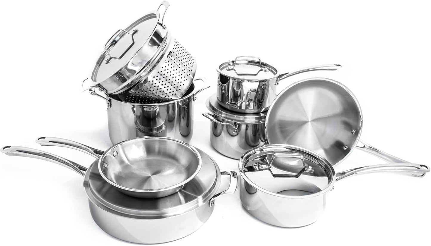 BergHOFF Professional Tri-ply Stainless Steel Cookware Set - 13Pc with Matching Lid, Safe Grip Handle, Induction Cooktop, Measurement Markings, Fast & Even Heat, Oven/Dishwasher Safe