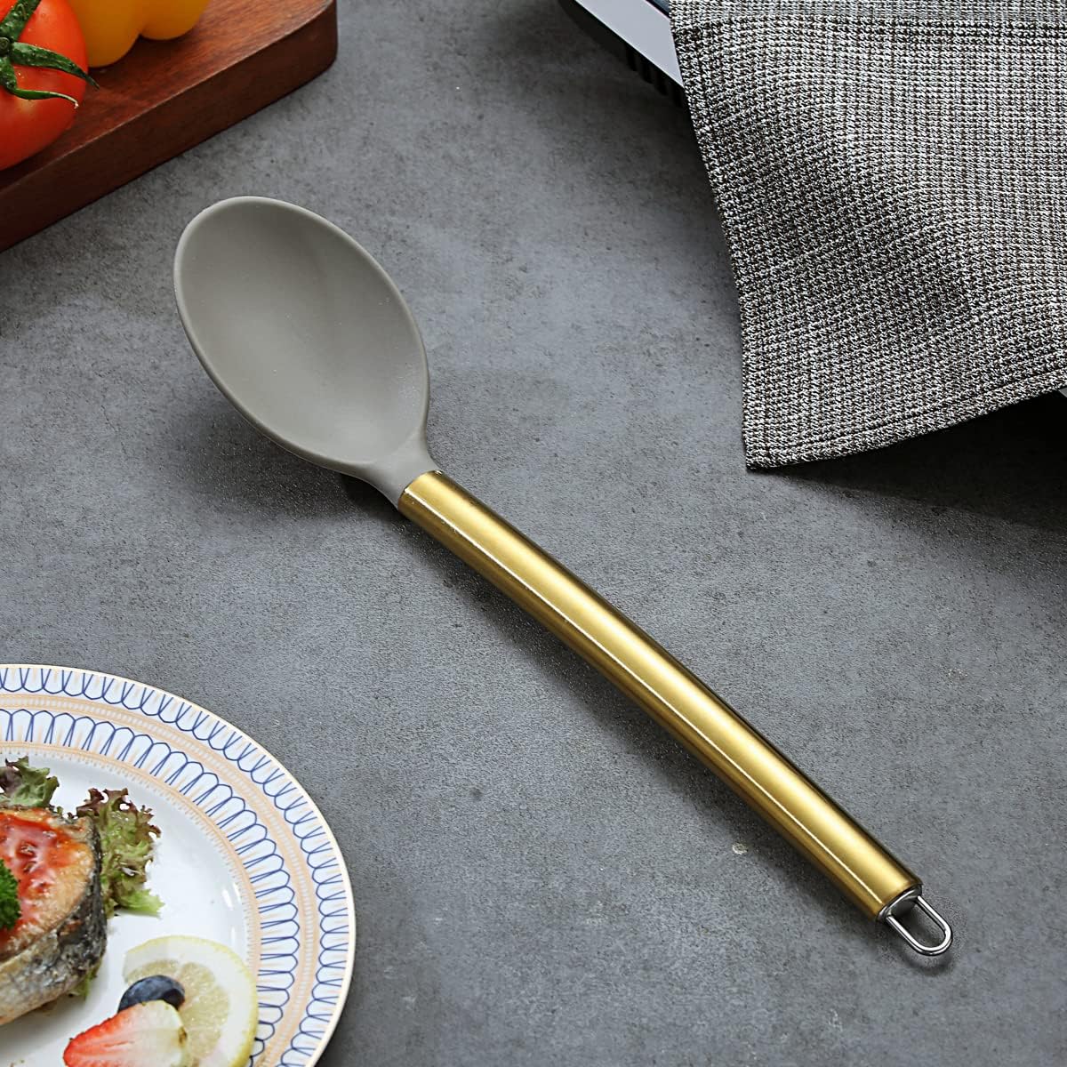 Berglander Gold Cooking Spoon with Non-Stick Silicone and Titanium Gold Plated Handle - Easy to Clean, Dishwasher Safe