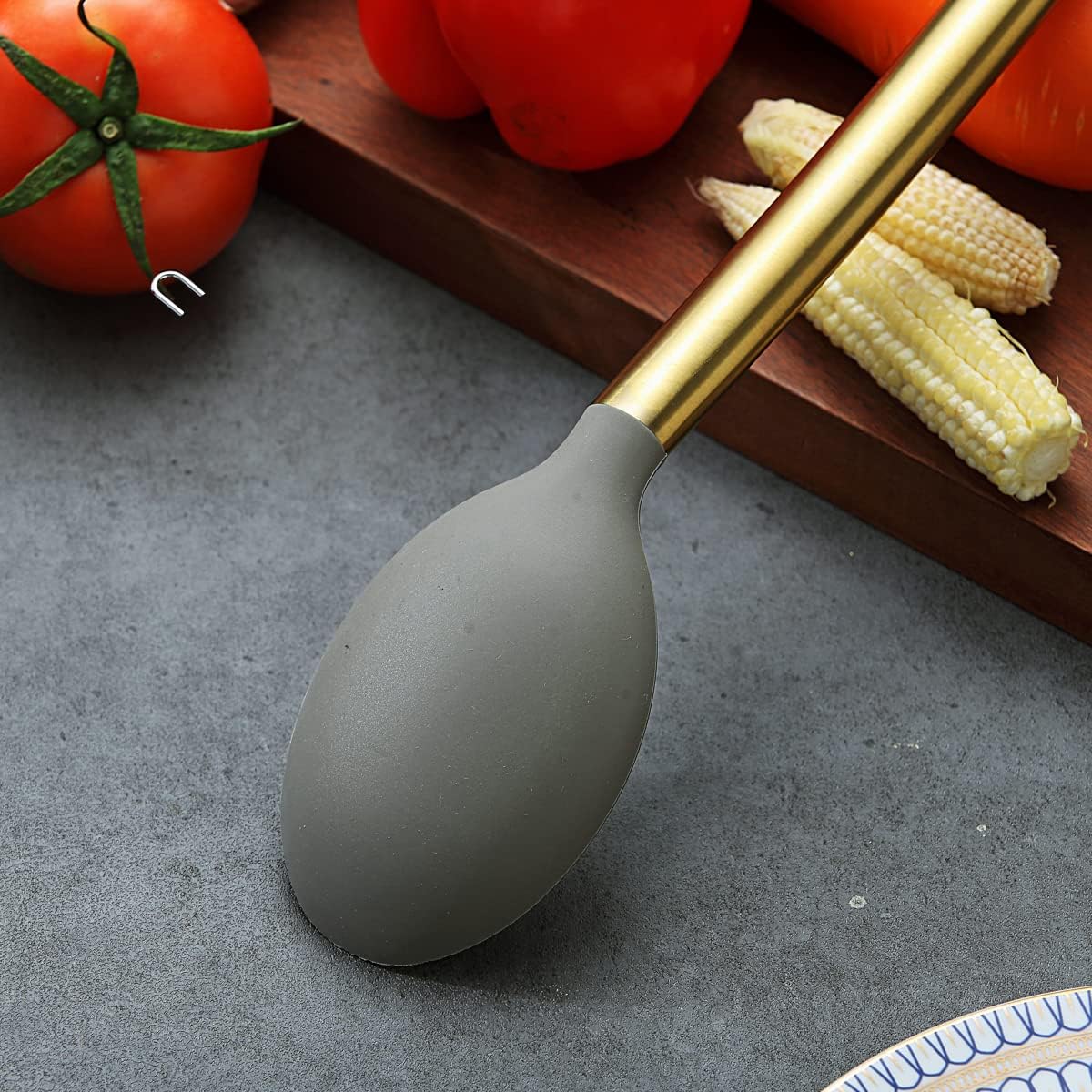 Berglander Gold Cooking Spoon with Non-Stick Silicone and Titanium Gold Plated Handle - Easy to Clean, Dishwasher Safe
