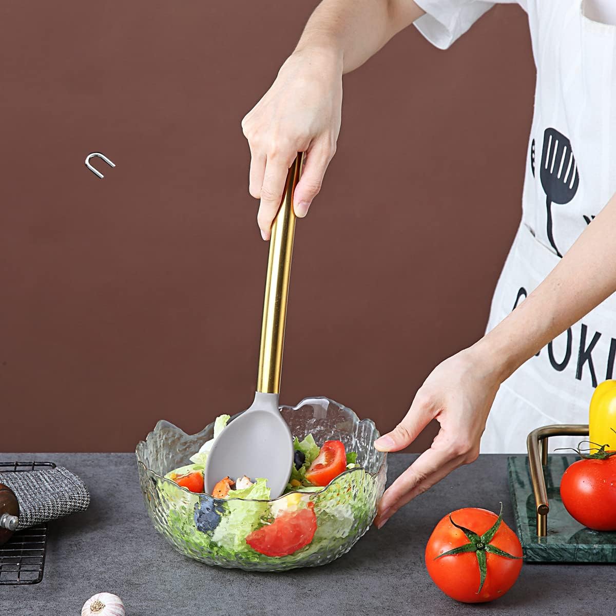 Berglander Gold Cooking Spoon with Non-Stick Silicone and Titanium Gold Plated Handle - Easy to Clean, Dishwasher Safe