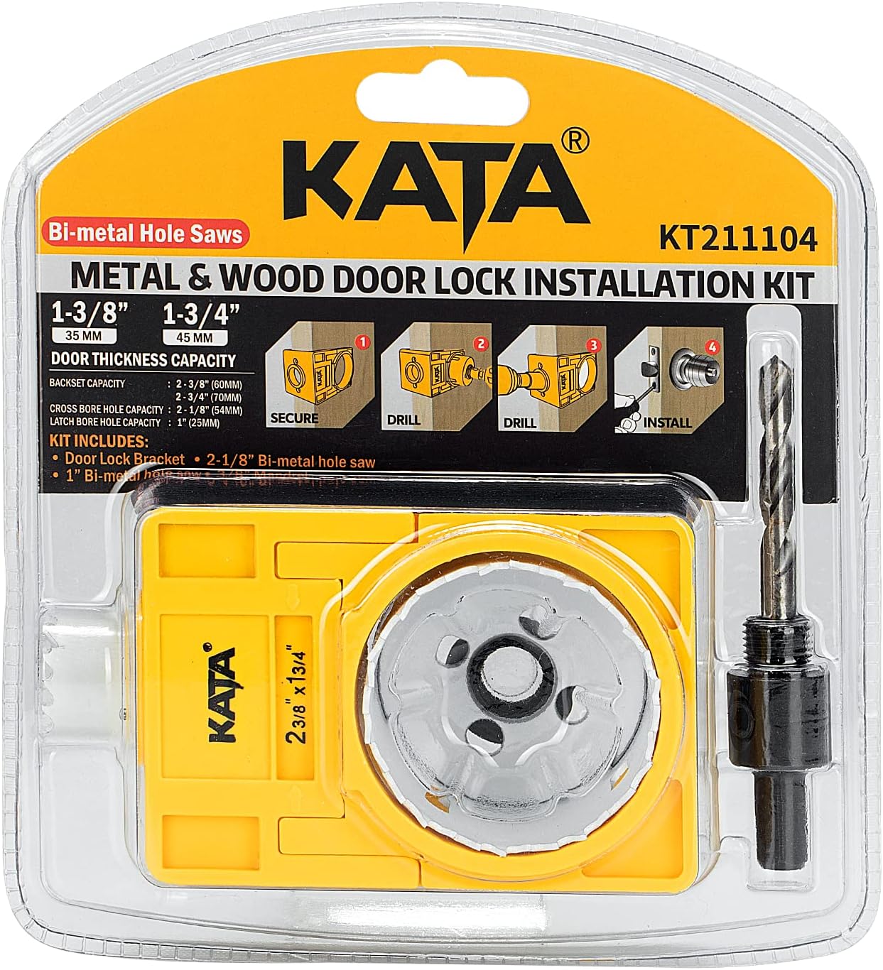 Bi-Metal Door Lock Installation Kit for Metal and Wood Doors - Includes Guide Template, Deadbolt Installation Kit, and Hole Saw Kit