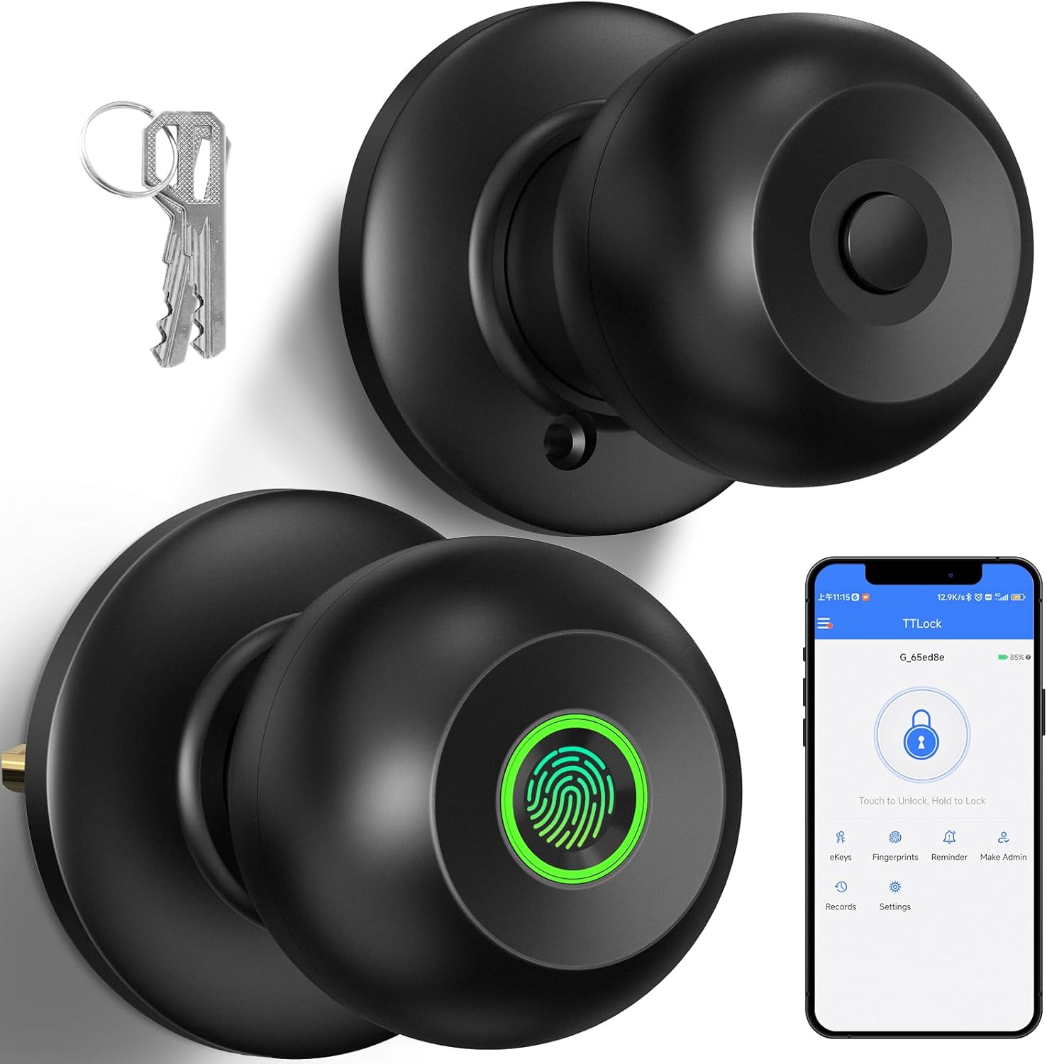 Biometric Fingerprint Door Knob Lock for Bedroom & Front Door - Smart Keyless Entry with App Control & Key - Matte Black