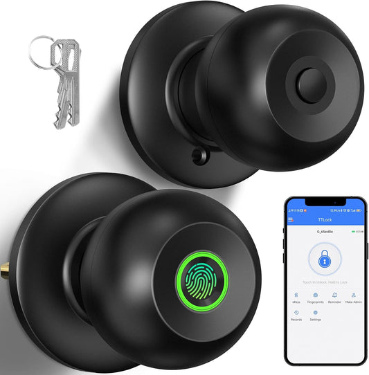 Biometric Fingerprint Door Knob Lock for Bedroom & Front Door - Smart Keyless Entry with App Control & Key - Matte Black