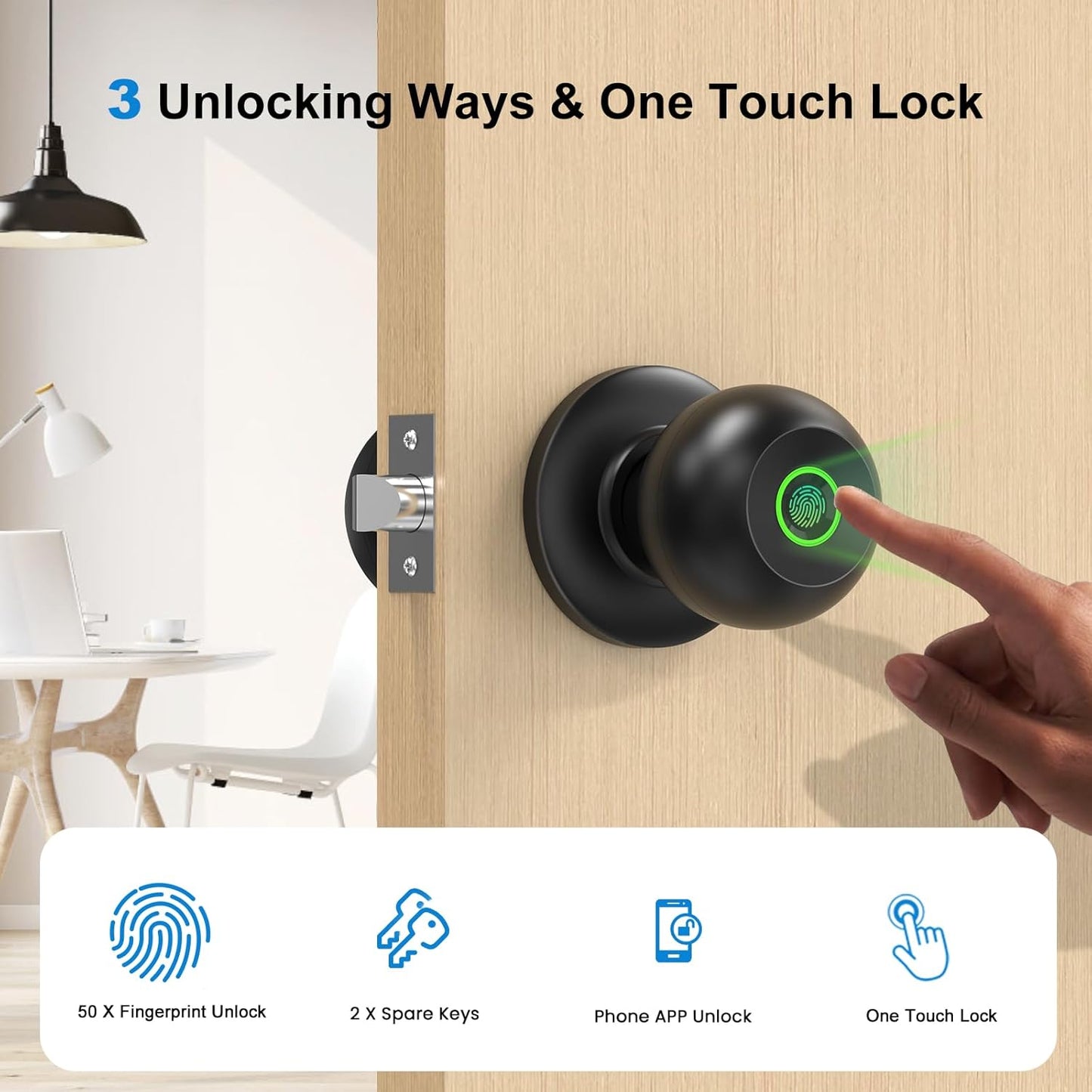 Biometric Fingerprint Door Knob Lock for Bedroom & Front Door - Smart Keyless Entry with App Control & Key - Matte Black