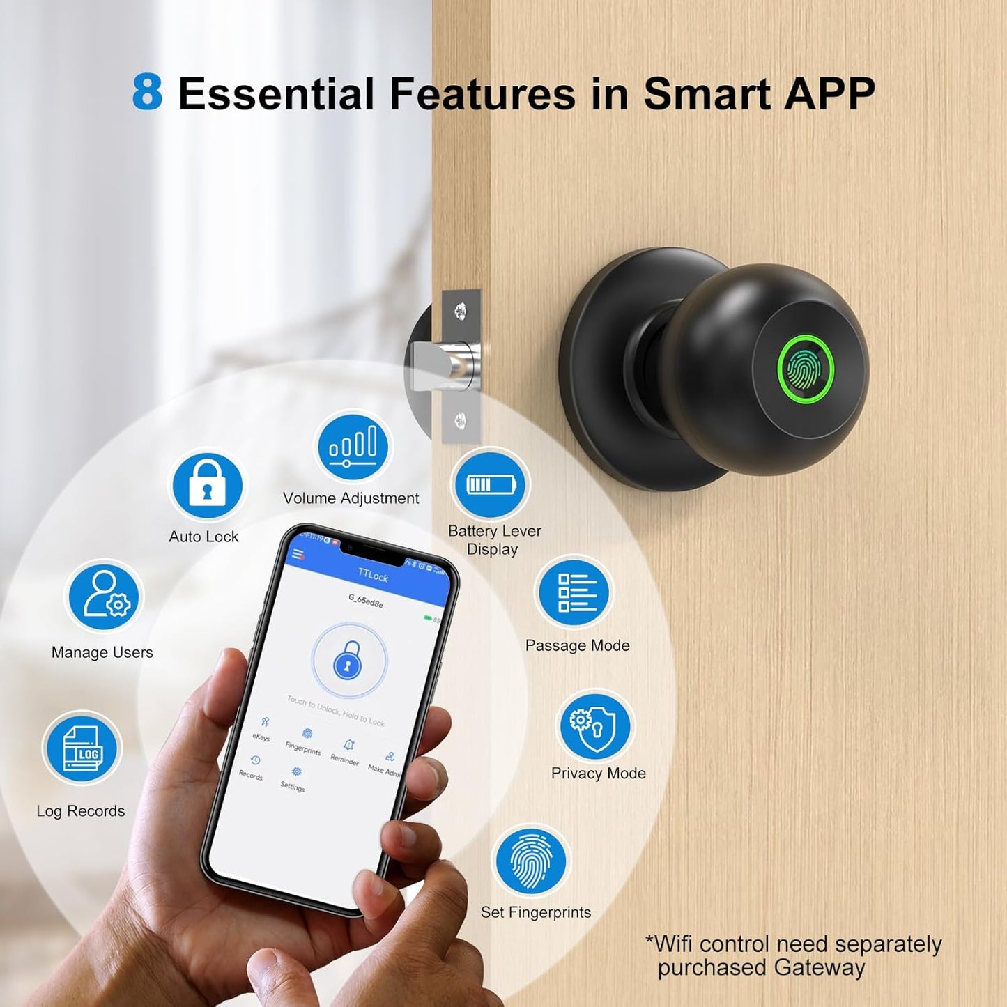 Biometric Fingerprint Door Knob Lock for Bedroom & Front Door - Smart Keyless Entry with App Control & Key - Matte Black
