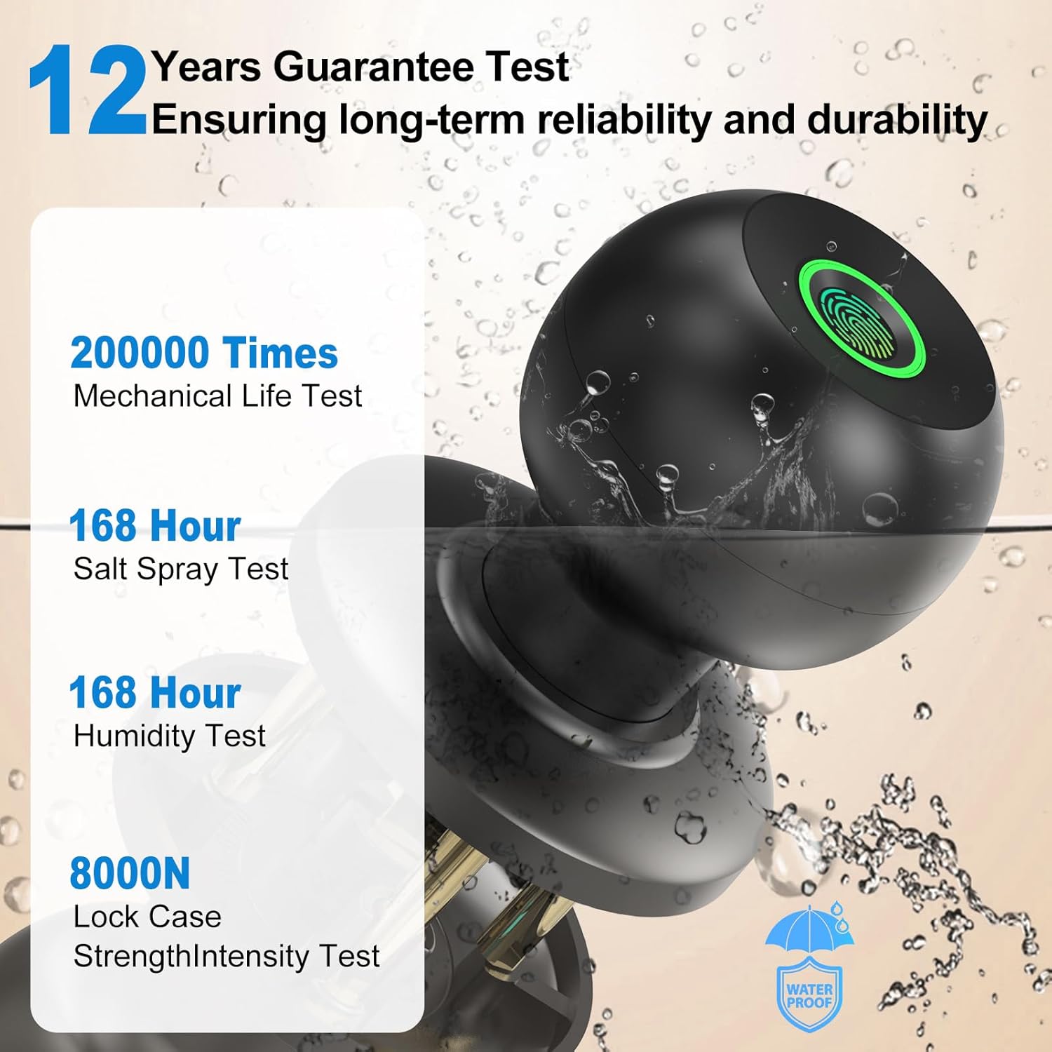 Biometric Fingerprint Door Knob Lock for Bedroom & Front Door - Smart Keyless Entry with App Control & Key - Matte Black