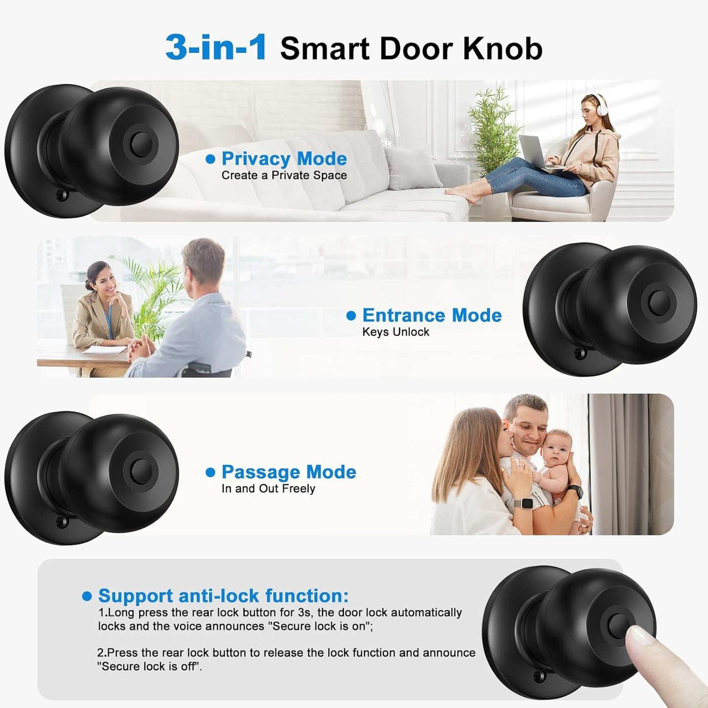 Biometric Fingerprint Door Knob Lock for Bedroom & Front Door - Smart Keyless Entry with App Control & Key - Matte Black
