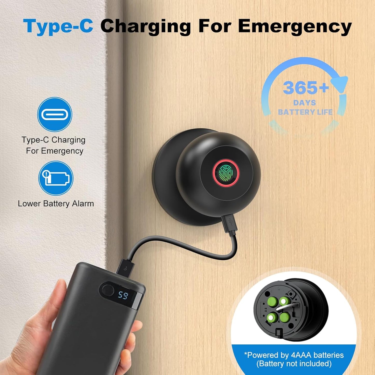 Biometric Fingerprint Door Knob Lock for Bedroom & Front Door - Smart Keyless Entry with App Control & Key - Matte Black