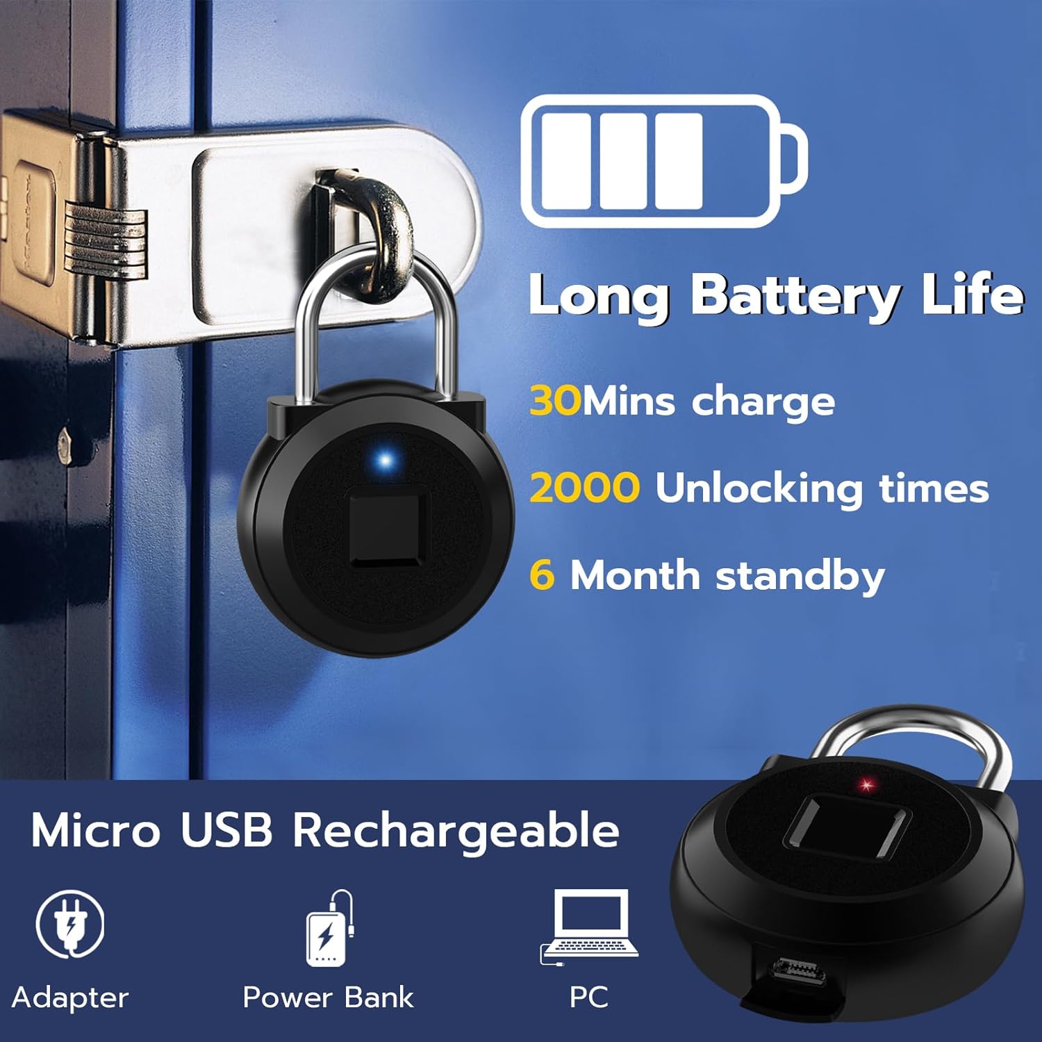 Biometric Fingerprint Padlock with Bluetooth App for Gym Locker, School Cabinet, Suitcase - Waterproof Smart Lock - WildKart
