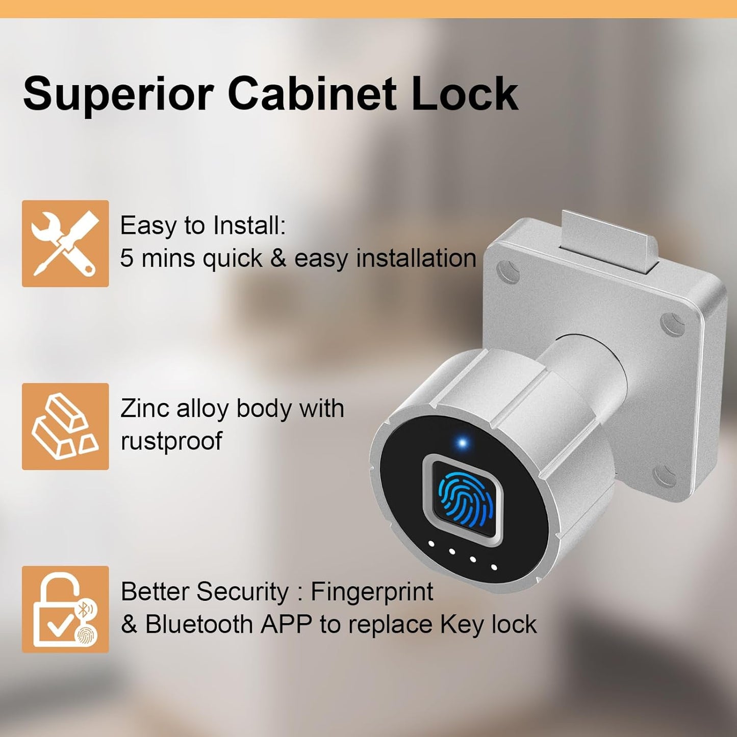 Biometric Keyless Fingerprint-Bluetooth Cabinet Drawer Lock for Office Furniture - 22mm