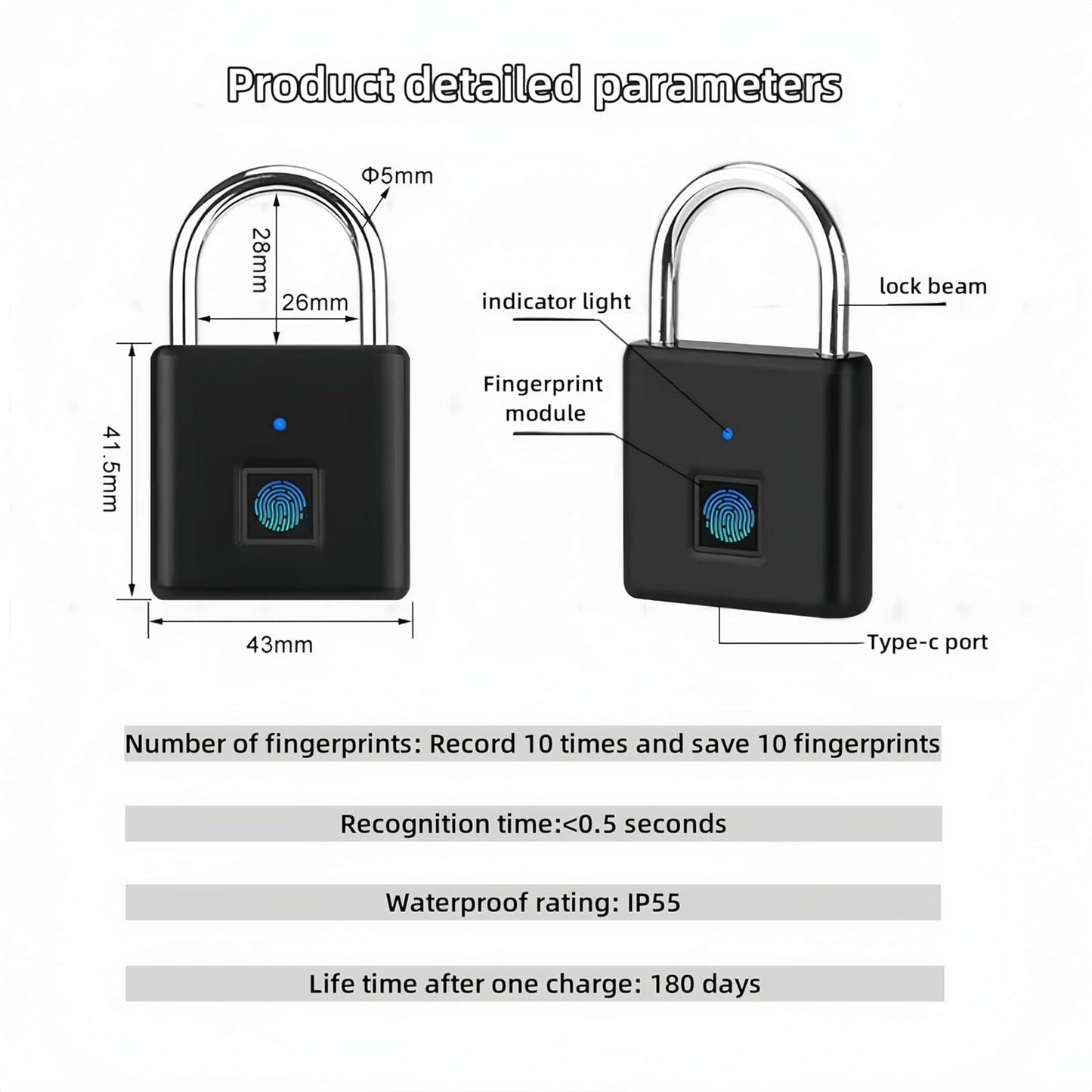 Biometric Smart Fingerprint Padlock - Ultra-Light, Anti-Cut, USB Charging - Ideal for Doors, Luggage, Backpacks - Black