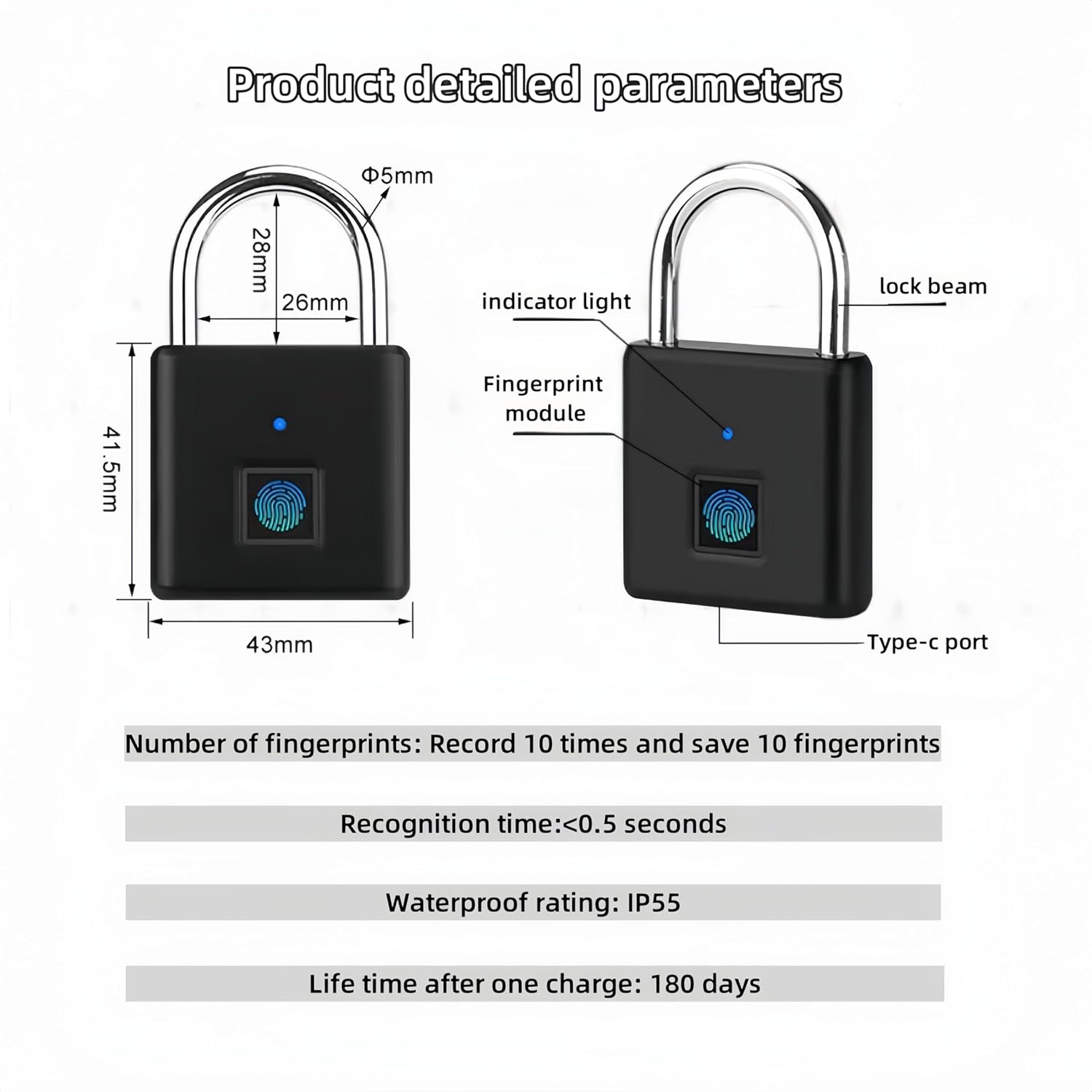 Biometric Smart Fingerprint Padlock - Ultra-Light, Anti-Cut, USB Charging - Ideal for Doors, Luggage, Backpacks - Black
