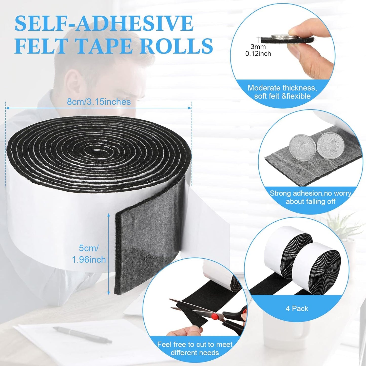 Black 2 Inch Zonon Felt Strip Rolls with Adhesive Backing - 4 Rolls of 120 Inch Self Stick Heavy Duty Polyester Tape for Furniture Protection and DIY Adhesive