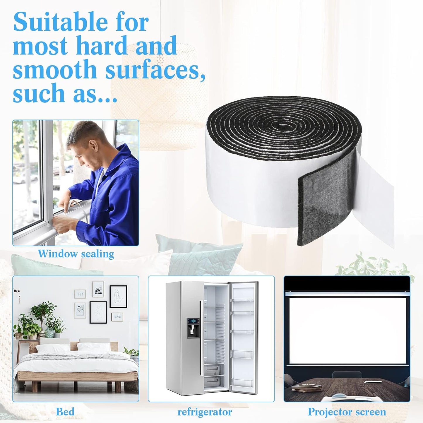 Black 2 Inch Zonon Felt Strip Rolls with Adhesive Backing - 4 Rolls of 120 Inch Self Stick Heavy Duty Polyester Tape for Furniture Protection and DIY Adhesive