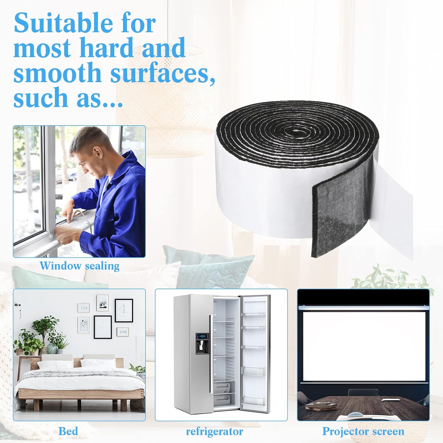 Black 2 Inch Zonon Felt Strip Rolls with Adhesive Backing - 4 Rolls of 120 Inch Self Stick Heavy Duty Polyester Tape for Furniture Protection and DIY Adhesive