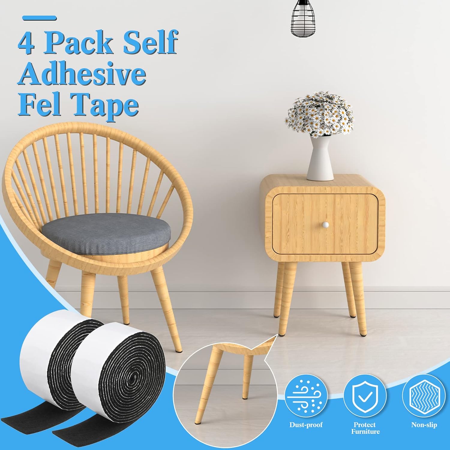 Black 2 Inch Zonon Felt Strip Rolls with Adhesive Backing - 4 Rolls of 120 Inch Self Stick Heavy Duty Polyester Tape for Furniture Protection and DIY Adhesive