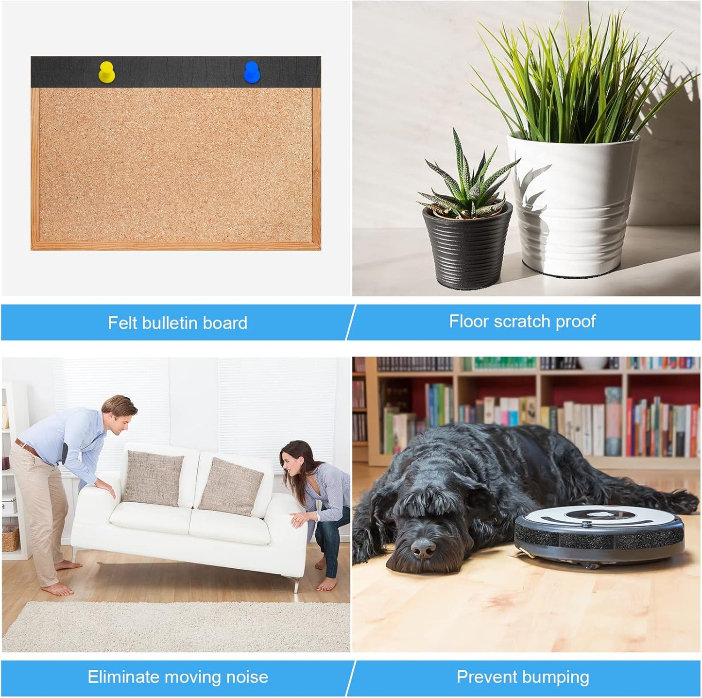Black 2 Inch Zonon Felt Strip Rolls with Adhesive Backing - 4 Rolls of 120 Inch Self Stick Heavy Duty Polyester Tape for Furniture Protection and DIY Adhesive