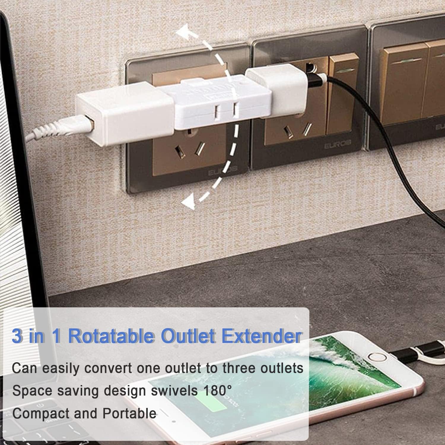 Black 2-Pack Mini Rotatable Swivel Outlet Adapter with Flat Wall Plug - Space Saving & Easy Install for Home, Office, Travel