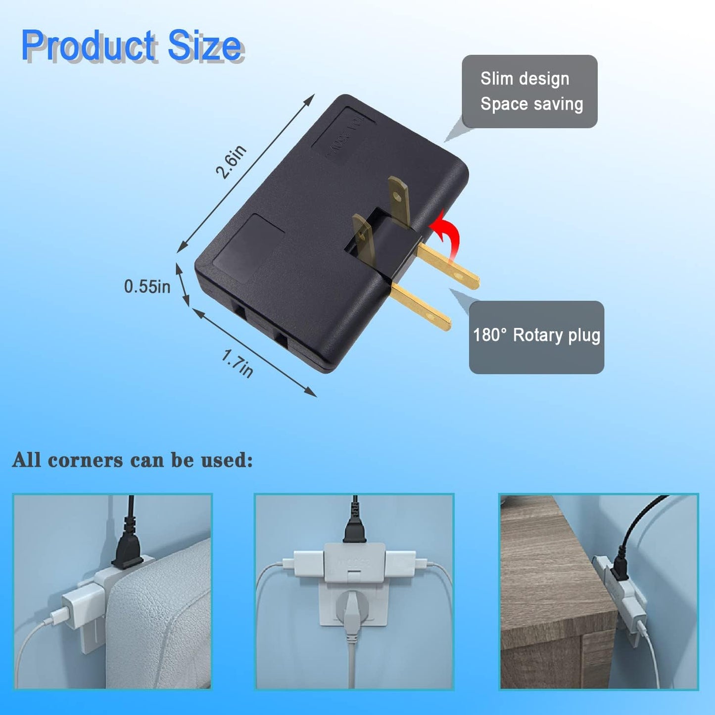 Black 2-Pack Mini Rotatable Swivel Outlet Adapter with Flat Wall Plug - Space Saving & Easy Install for Home, Office, Travel