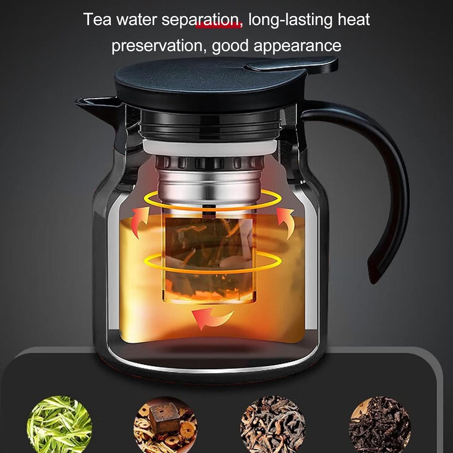 Black Agatige 1000ml Insulated Teapot with Detachable Water Carafe for Home - Tea Water Separation, Thermal Carafe
