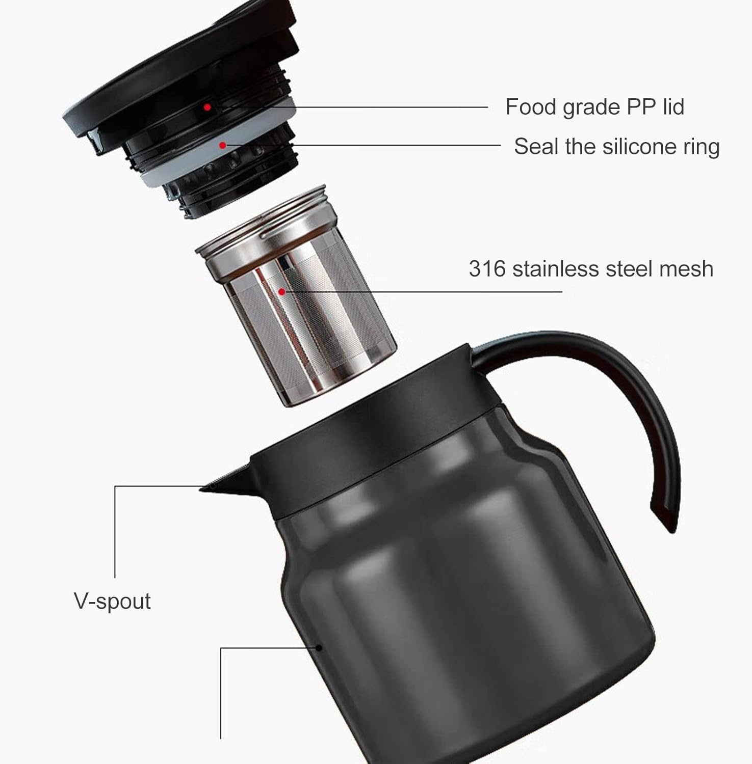 Black Agatige 1000ml Insulated Teapot with Detachable Water Carafe for Home - Tea Water Separation, Thermal Carafe