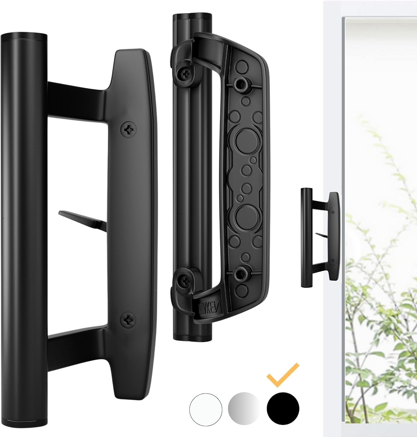 Black Aluminum Sliding Glass Door Handle Set - Mortise/Hook Style, Fits 3-15/16 in. Hole Spacing, T-HAKEN