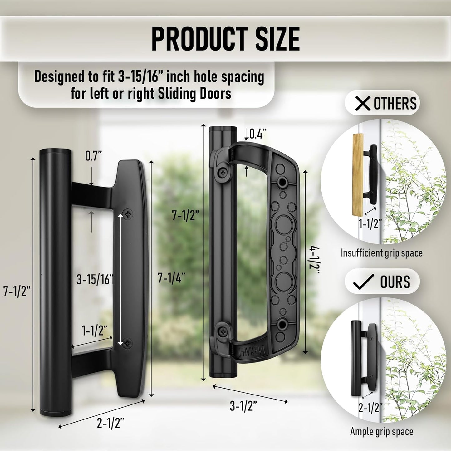 Black Aluminum Sliding Glass Door Handle Set - Mortise/Hook Style, Fits 3-15/16 in. Hole Spacing, T-HAKEN