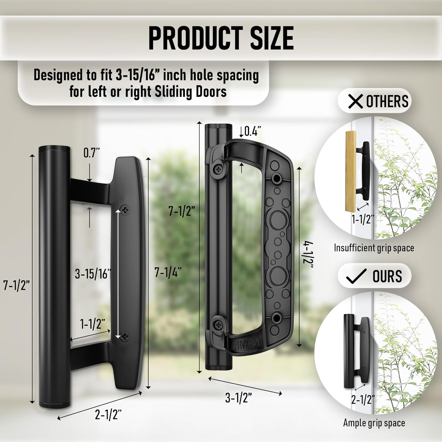 Black Aluminum Sliding Glass Door Handle Set - Mortise/Hook Style, Fits 3-15/16 in. Hole Spacing, T-HAKEN