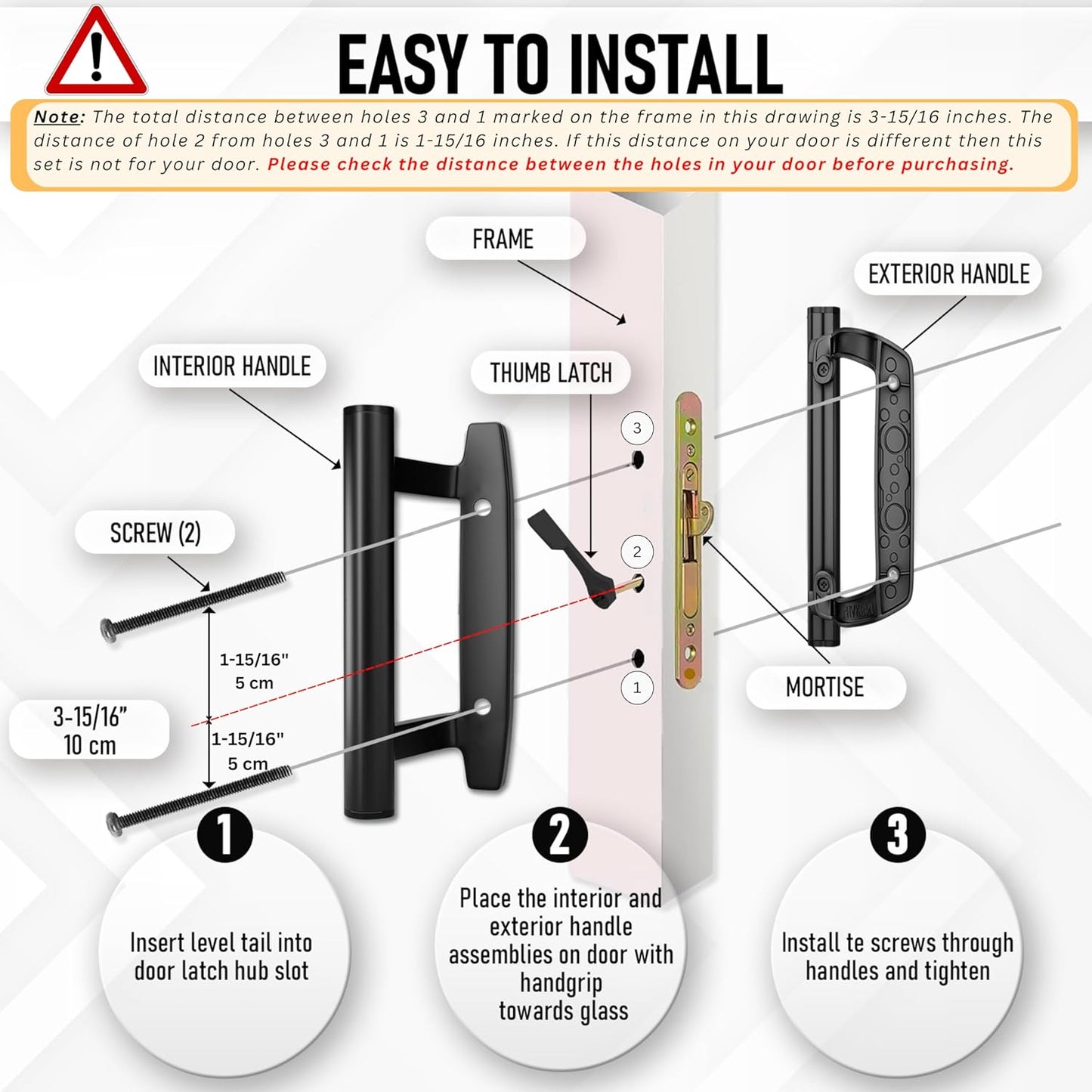 Black Aluminum Sliding Glass Door Handle Set - Mortise/Hook Style, Fits 3-15/16 in. Hole Spacing, T-HAKEN