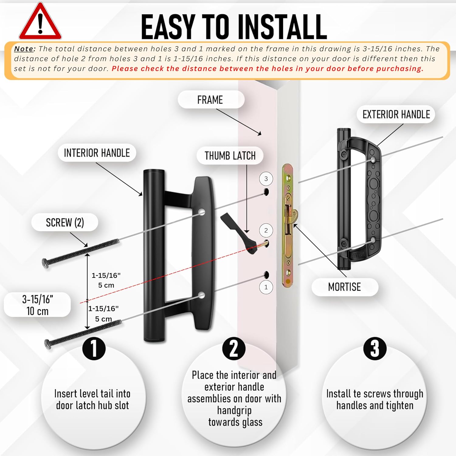 Black Aluminum Sliding Glass Door Handle Set - Mortise/Hook Style, Fits 3-15/16 in. Hole Spacing, T-HAKEN