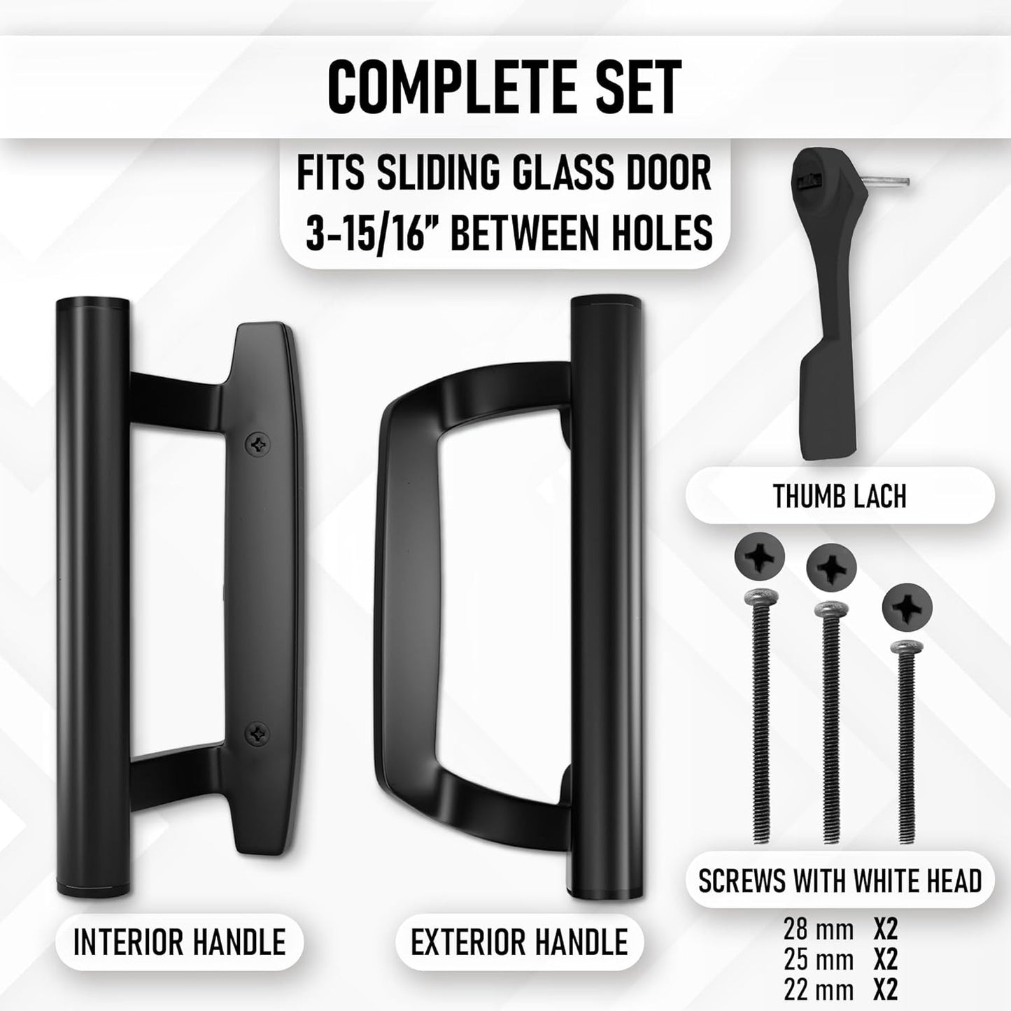 Black Aluminum Sliding Glass Door Handle Set - Mortise/Hook Style, Fits 3-15/16 in. Hole Spacing, T-HAKEN