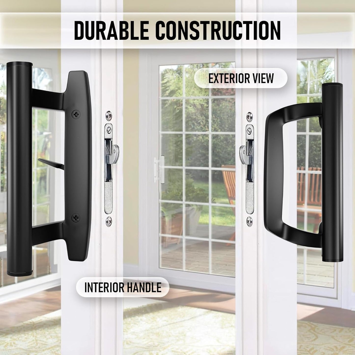 Black Aluminum Sliding Glass Door Handle Set - Mortise/Hook Style, Fits 3-15/16 in. Hole Spacing, T-HAKEN