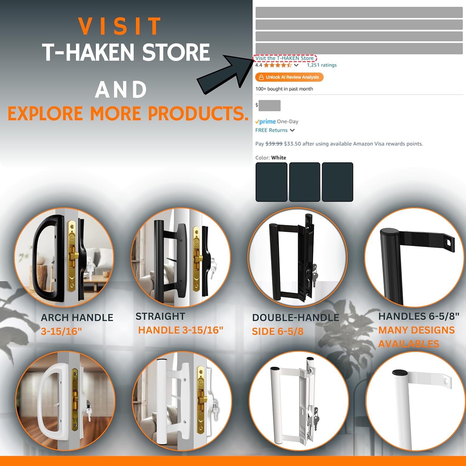 Black Aluminum Sliding Glass Door Handle Set - Mortise/Hook Style, Fits 3-15/16 in. Hole Spacing, T-HAKEN