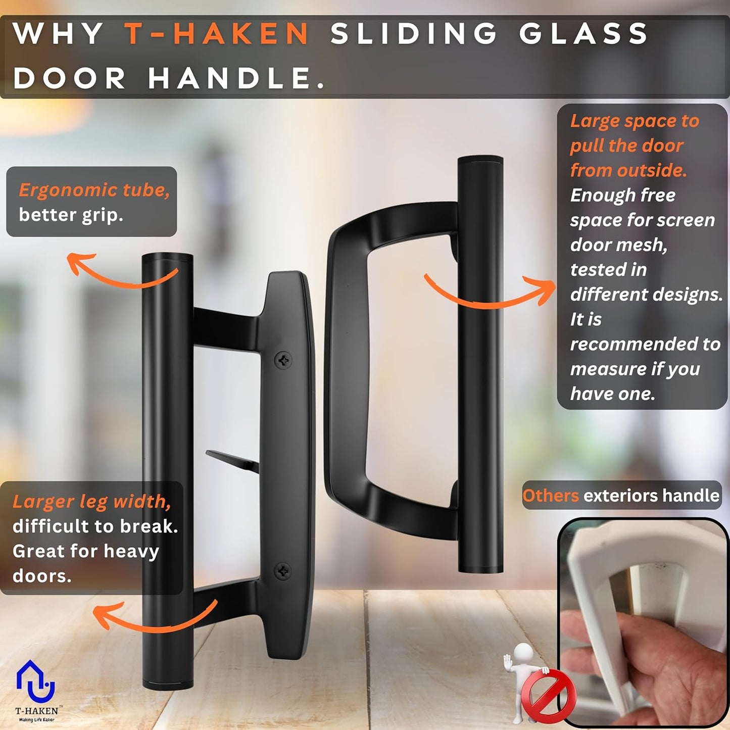 Black Aluminum Sliding Glass Door Handle Set - Mortise/Hook Style, Fits 3-15/16 in. Hole Spacing, T-HAKEN