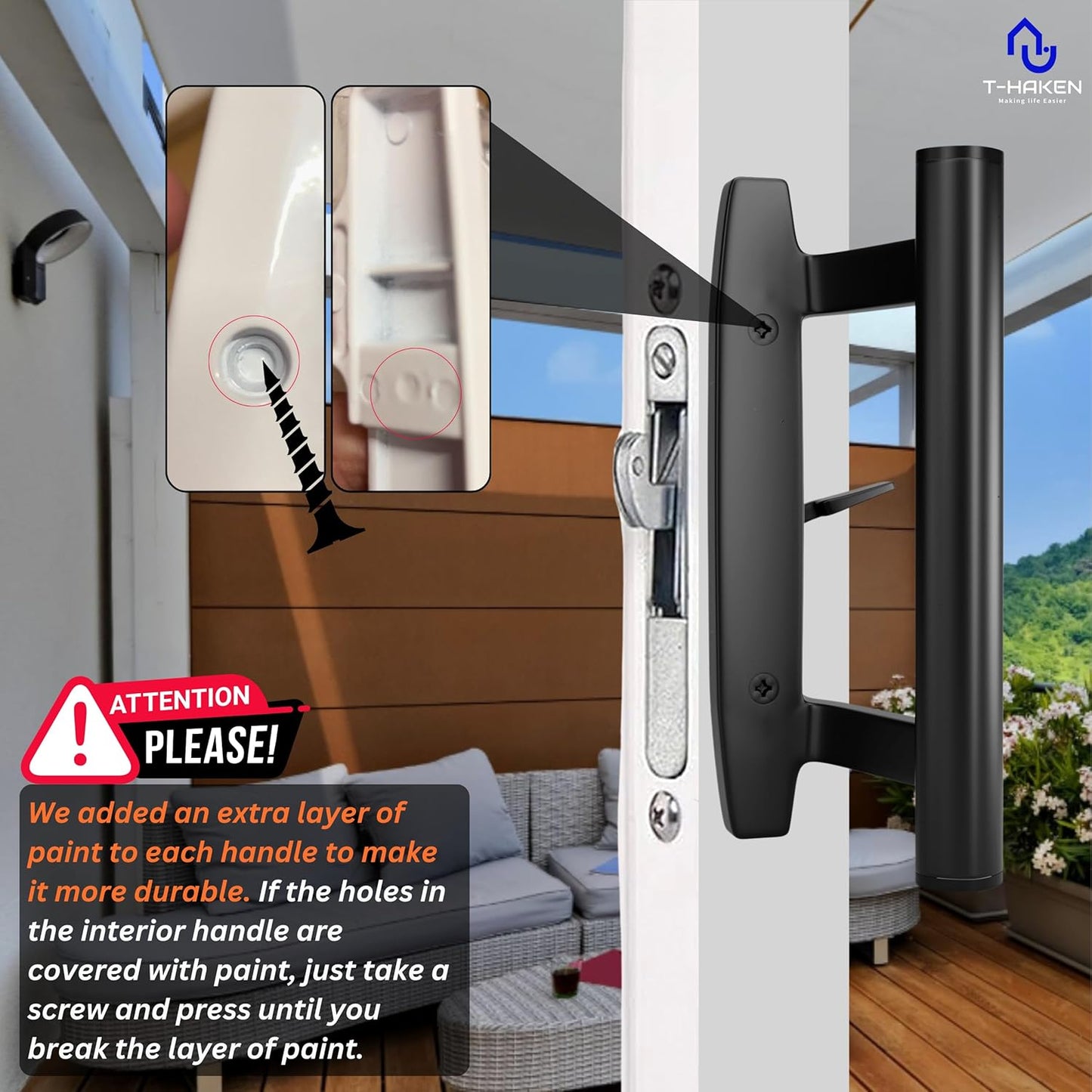 Black Aluminum Sliding Glass Door Handle Set - Mortise/Hook Style, Fits 3-15/16 in. Hole Spacing, T-HAKEN