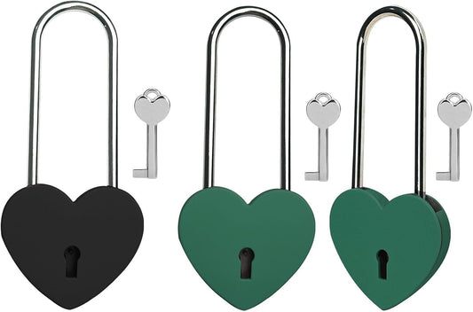 Black and Green Heart Lock with Key, 3.5 Inches Love Padlock for Lovelock Bridge - Matte Metal Lock for Jewelry Box, Diary Book, Card Box