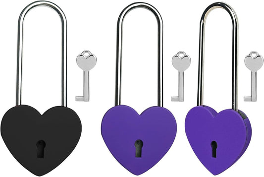 Black and Purple 3.5 Inches Heart Lock with Key - Matte Metal Love Lock for Lovelock Bridge, Jewelry Box, Diary Book