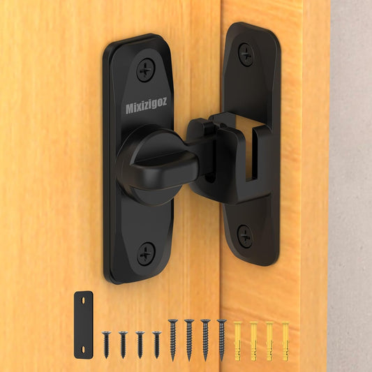 Black Barn Door Lock for Privacy - 90/180 Degree Flip Sliding Door Latch for Garden, Bathroom, Window, Outdoor, Cabinet - Single Pack