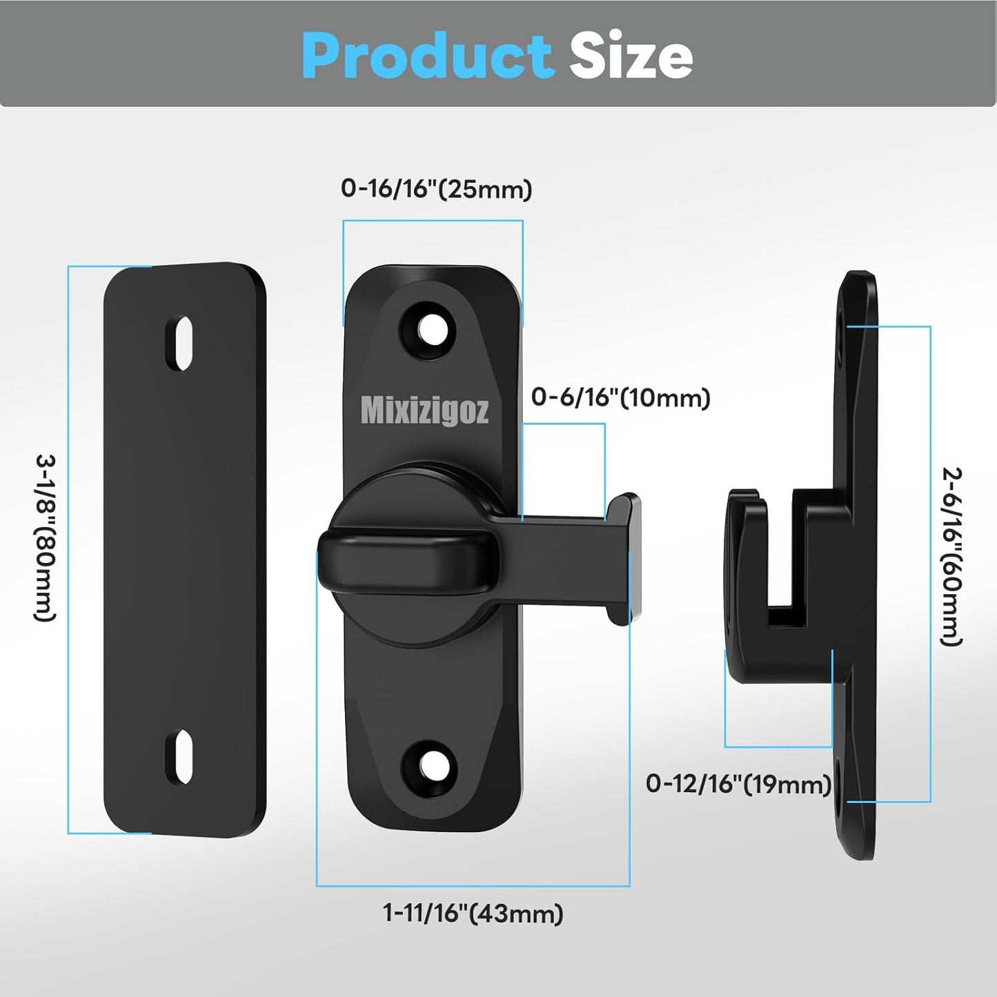 Black Barn Door Lock for Privacy - 90/180 Degree Flip Sliding Door Latch for Garden, Bathroom, Window, Outdoor, Cabinet - Single Pack