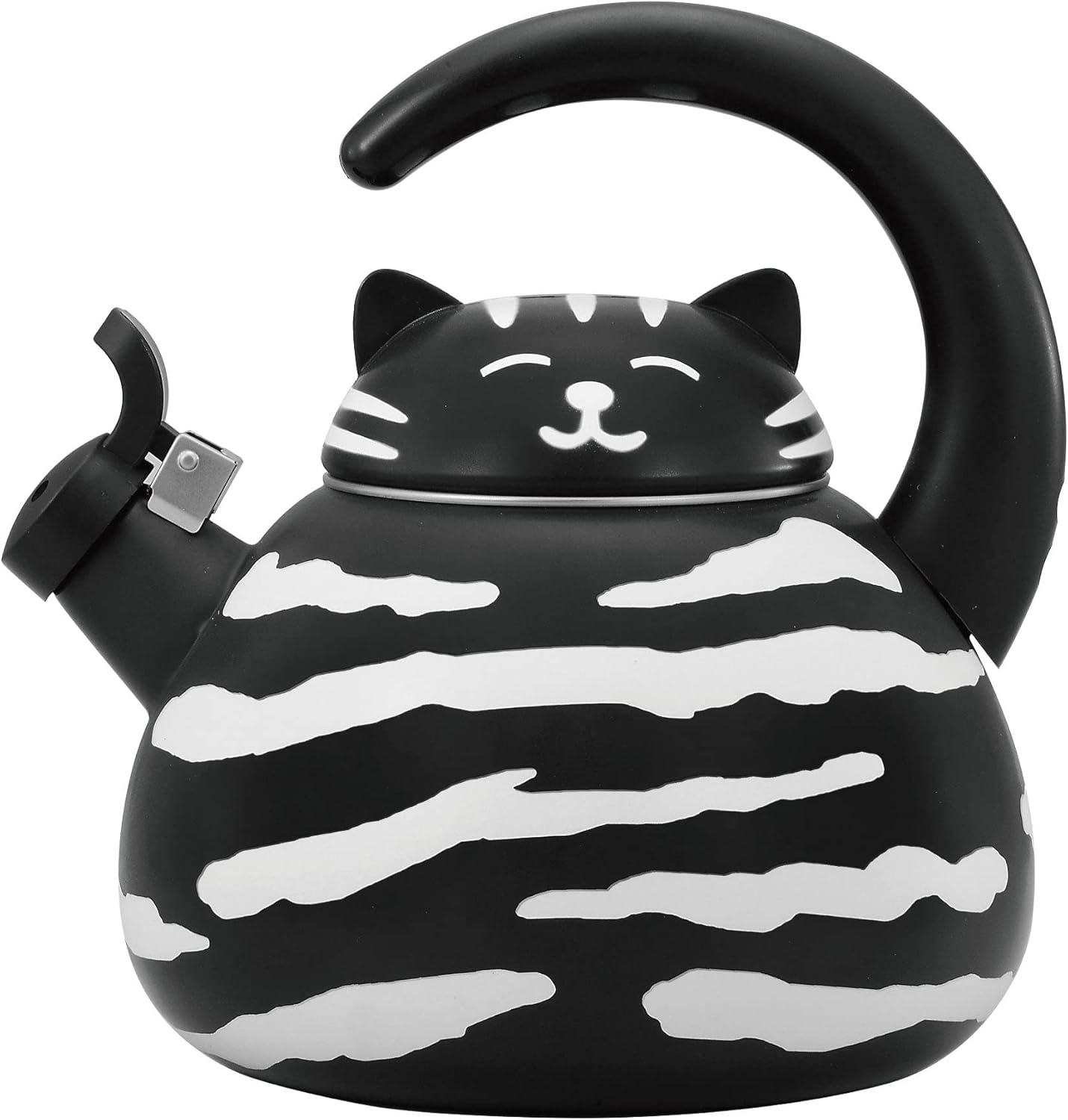 Black Cat Design Whistling Tea Kettle - Enamel on Steel Teakettle for Stove Top - Cute Kitchen Accessories - 2.1 Quart Water Kettle
