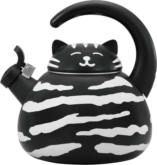 Black Cat Design Whistling Tea Kettle - Enamel on Steel Teakettle for Stove Top - Cute Kitchen Accessories - 2.1 Quart Water Kettle