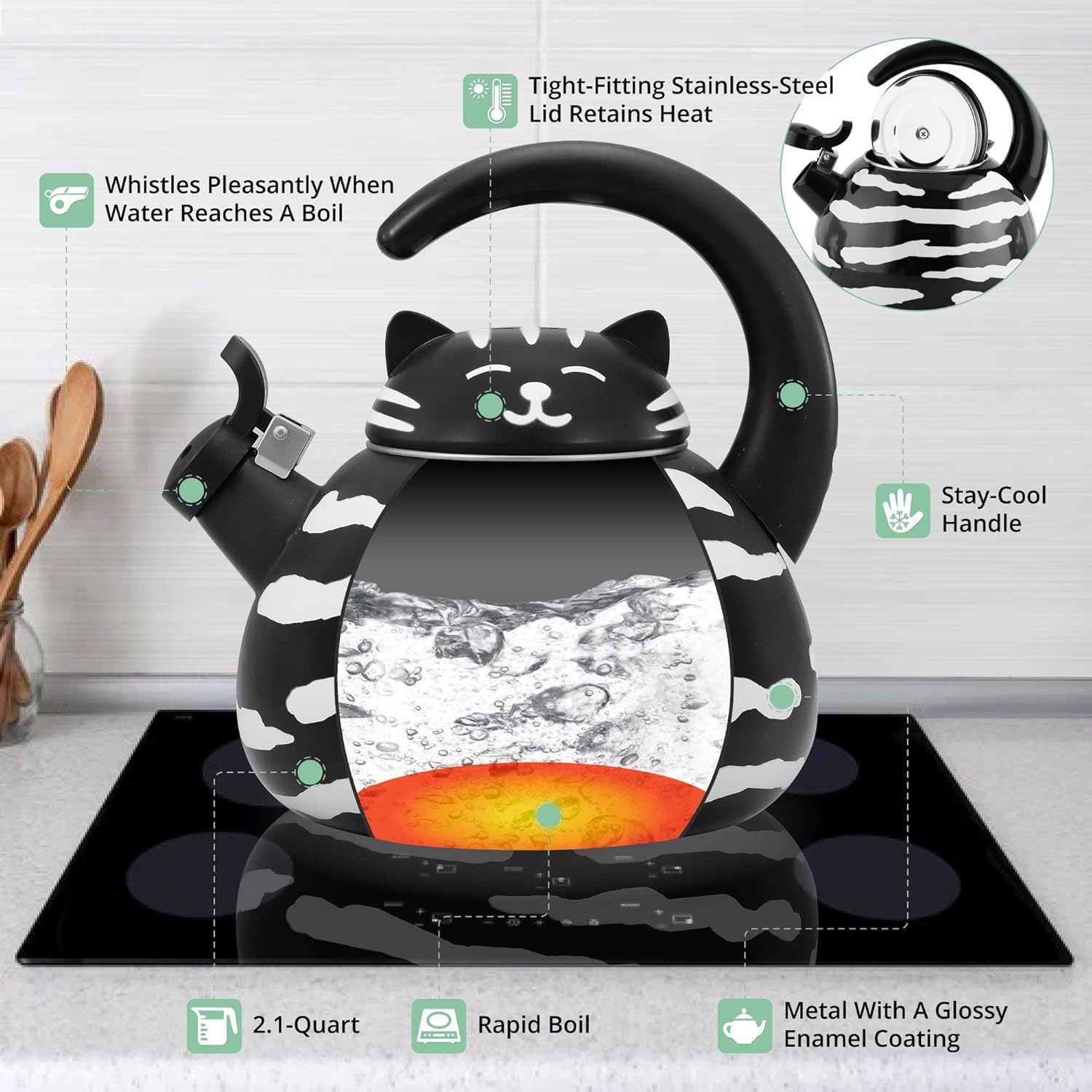 Black Cat Design Whistling Tea Kettle - Enamel on Steel Teakettle for Stove Top - Cute Kitchen Accessories - 2.1 Quart Water Kettle