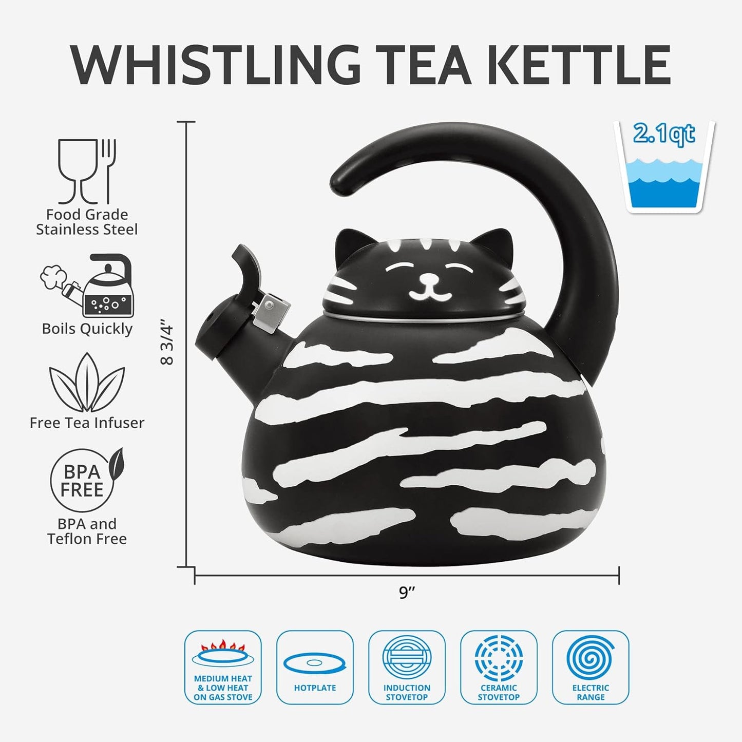 Black Cat Design Whistling Tea Kettle - Enamel on Steel Teakettle for Stove Top - Cute Kitchen Accessories - 2.1 Quart Water Kettle