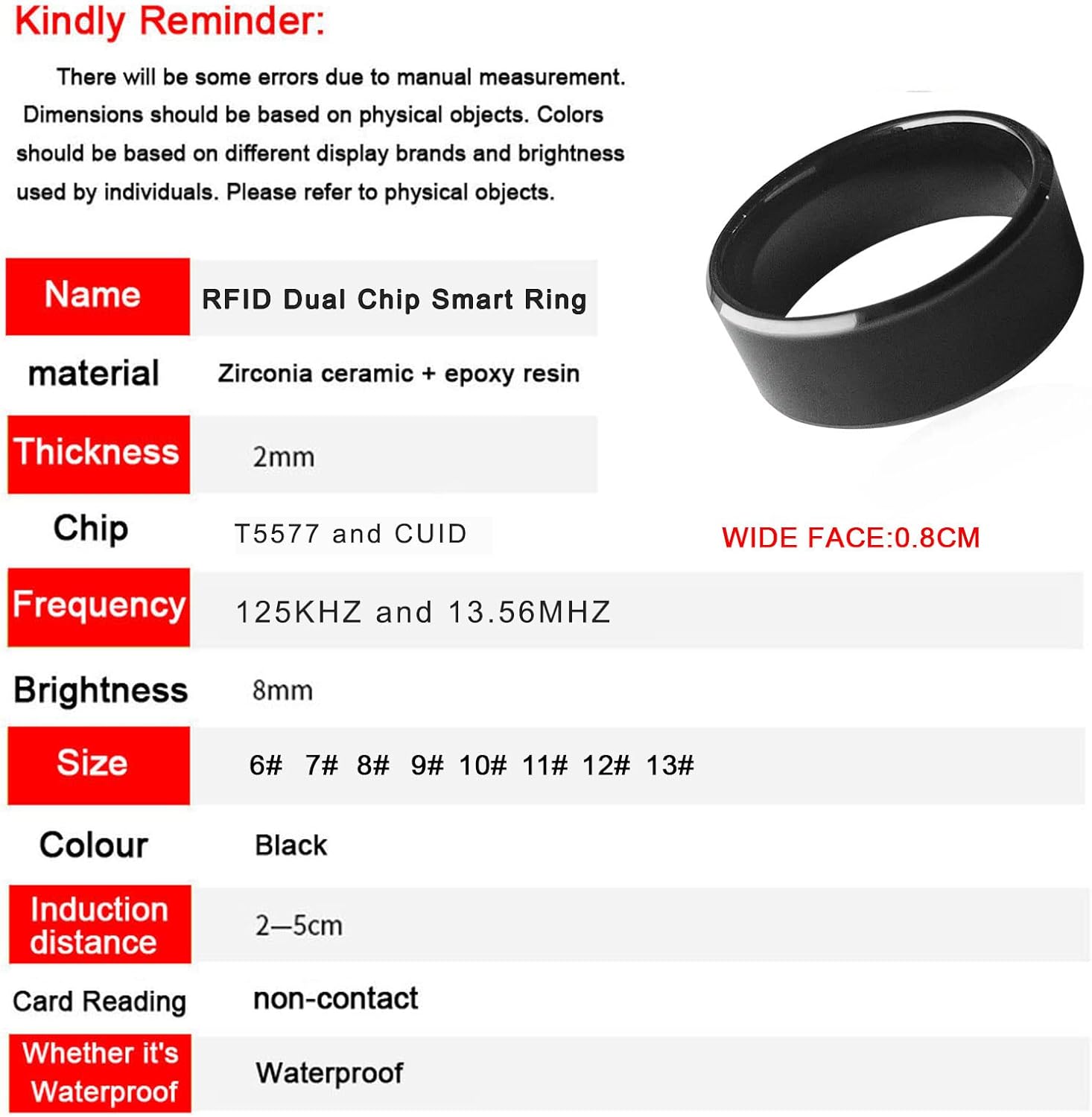 Black Ceramics Smart Finger Ring with RFID Rewritable Dual Frequency IDT5577&IC CUID - Unisex Wearable (18mm)