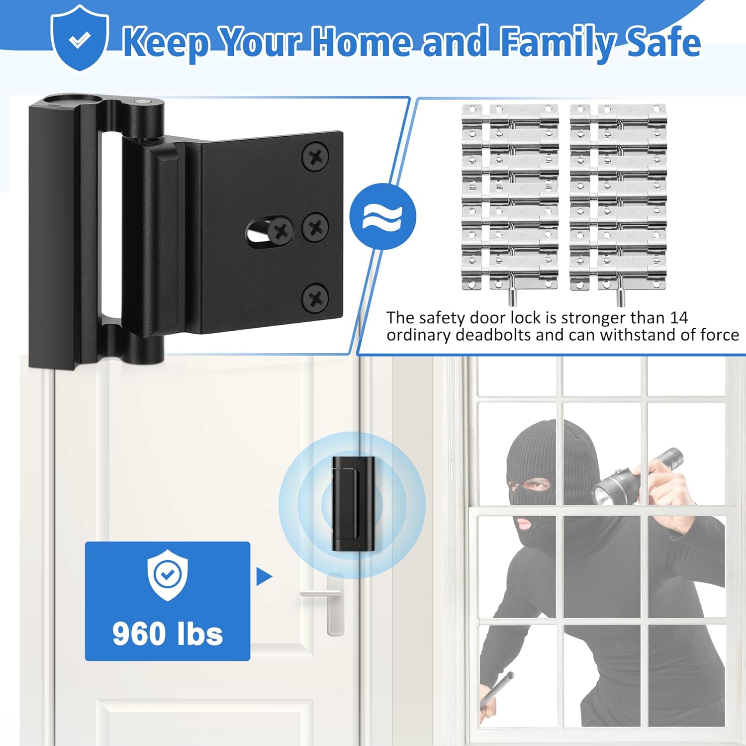 Black Childproof Door Reinforcement Lock for Enhanced Home Security and Privacy - 1 Pack