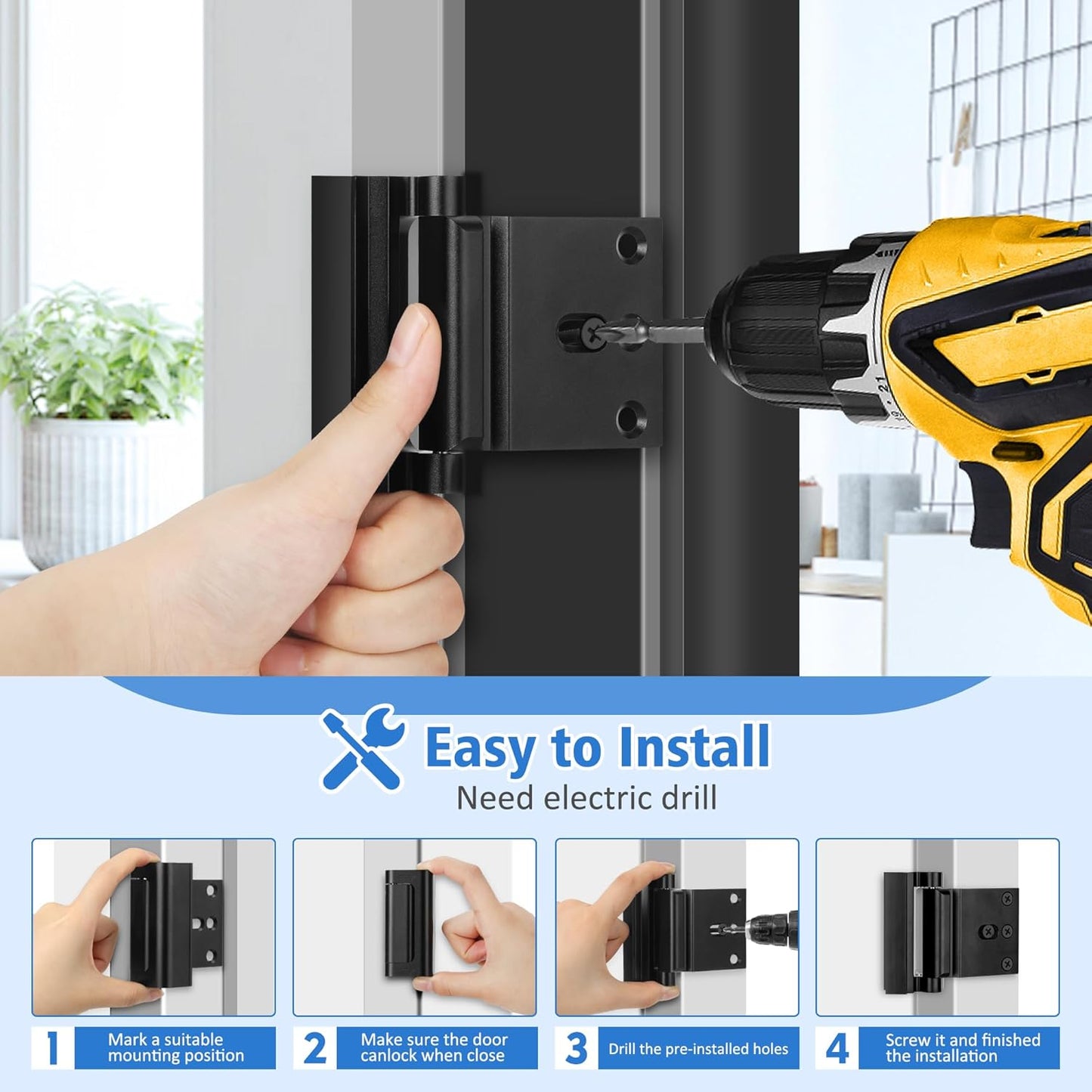 Black Childproof Door Reinforcement Lock for Enhanced Home Security and Privacy - 1 Pack