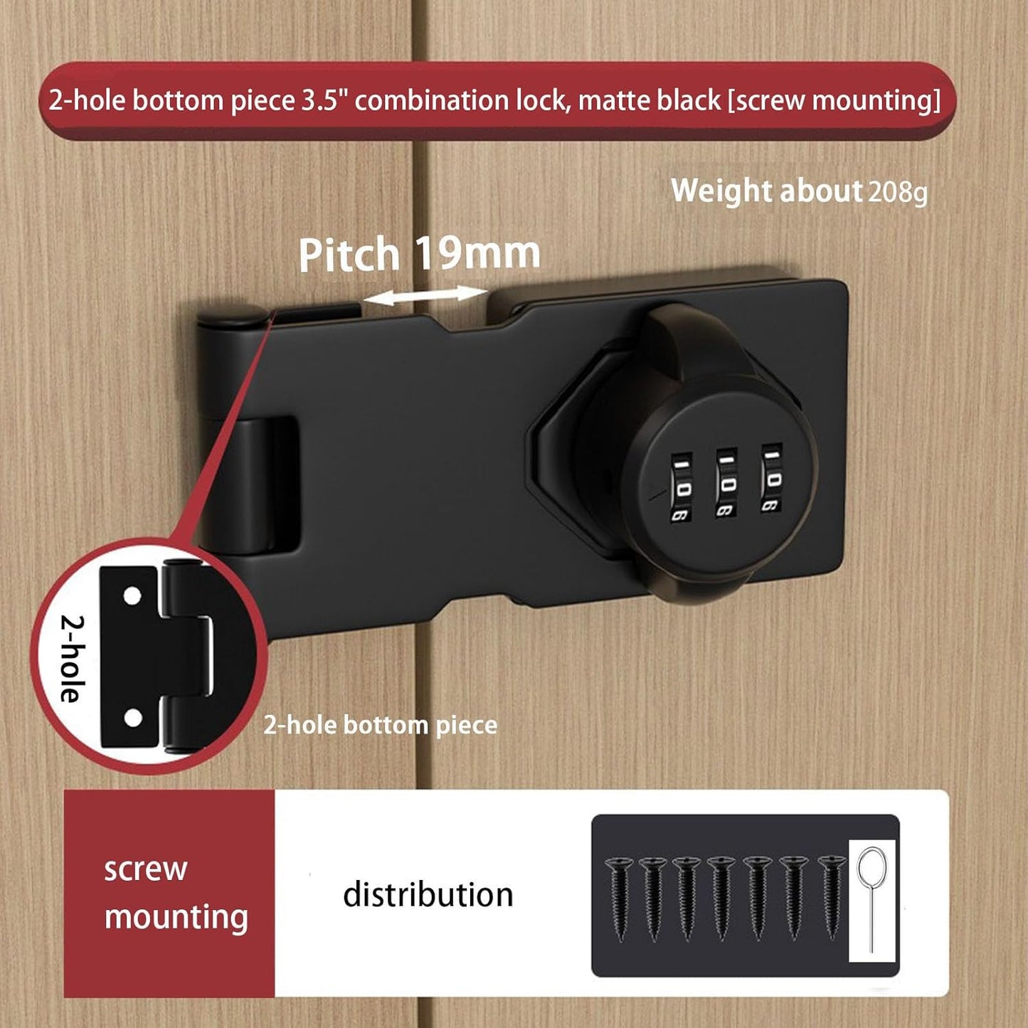 Black Combination Door Lock for Small Doors & Cabinets - Keyless Cabinet Password Hasp Lock with Screws (3.5 inch)