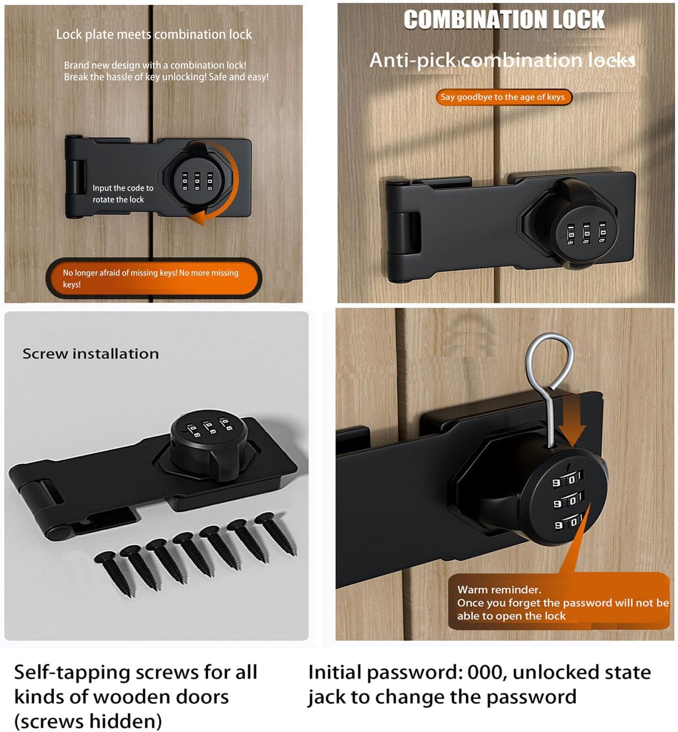 Black Combination Door Lock for Small Doors & Cabinets - Keyless Cabinet Password Hasp Lock with Screws (3.5 inch)