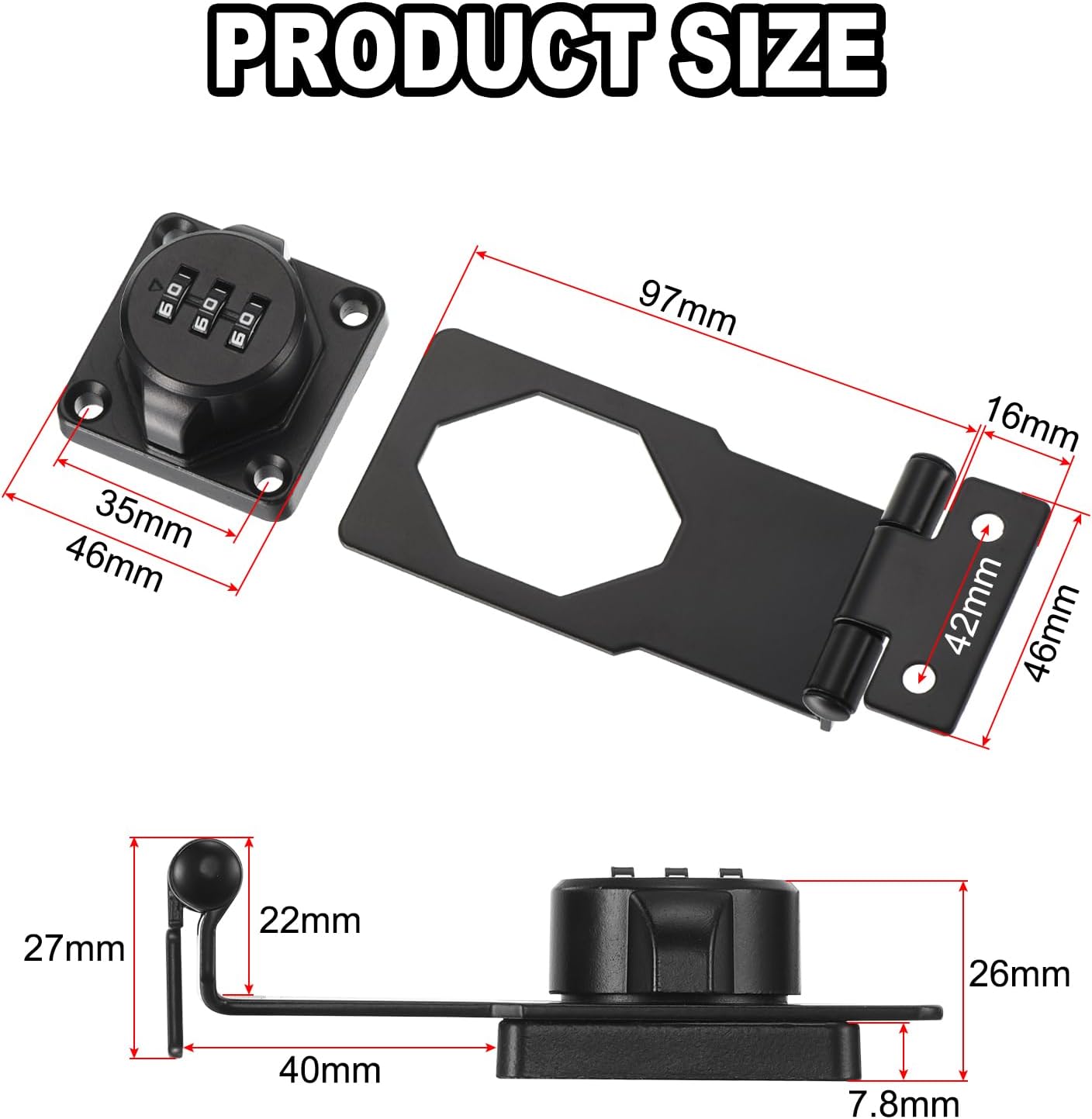 Black Combination Lock for Small Doors, Cabinets, Barn Door - 90 Degree Latch Hasp Lock by uxcell